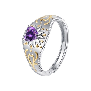 S925 silver ring with purple heart-shaped stone and gold hollow design on white background