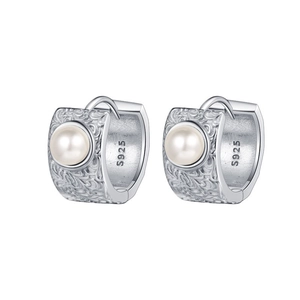 Vintage S925 sterling silver hoop earrings with white pearl and floral relief texture