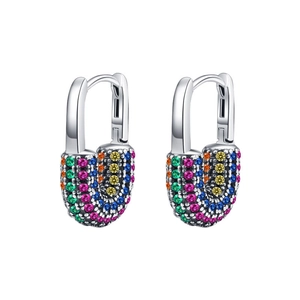 S925 silver U-shaped lock earrings with colorful micro-set rainbow cubic zirconia stones