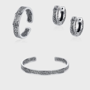 Set di Gioielli Vintage in Argento Sterling S925 per Donna con Motivo Antico Anello Aperto Orecchini a Cerchio Bracciale Rigido Gioielli Stile Cinese