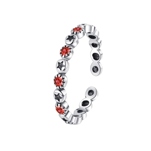 S925 sterling silver vintage star ring with red zircon stones and adjustable open band