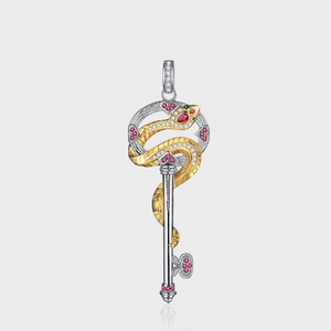 Collier Pendentif Clé Enroulée de Serpent en Argent Sterling S925 Vintage Bicolore Or Argent Zirconia Bijoux pour Femmes