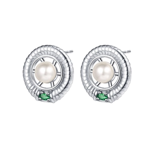 S925 silver nautical helm stud earrings with white pearl and green emerald stone