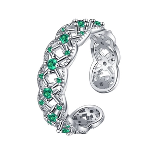 S925 silver open ring with emerald cubic zirconia in an elegant hollow lattice design