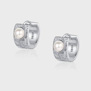 Vintage 925 Sterling Silver Artificial Pearl Huggie Hoop Earrings Relief Tang Grass Pattern Palace Style Elegant Court Jewelry For Women