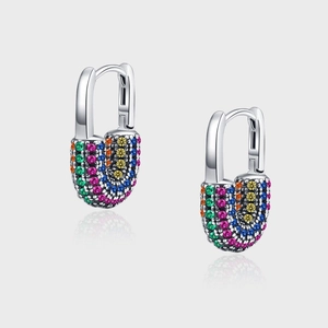 S925 Sterling Silver Multicolor Zirconia Micro-Inlaid Lock-Shaped Huggie Earrings Niche Design Trendy Rainbow Jewelry For Women