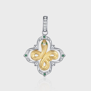 Collier Pendentif Serpent et Trèfle en Argent Sterling 925 de Luxe pour Femme Or Argent Brossé Strass Pierre Verte Bijoux