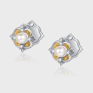 Vintage Palace Style Artificial Pearl Hoop Earrings With 925 Sterling Silver Earring Post Two Tone Fan Shape Elegant Jewelry For Women