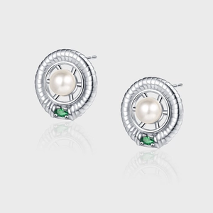 925 Sterling Silver Artificial Pearl Stud Earrings Geometric Ship Wheel Retro Emerald Green Gemstone Jewelry For Women