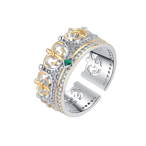Bague couronne en argent S925 avec émeraude verte centrale et détails dorés vintage