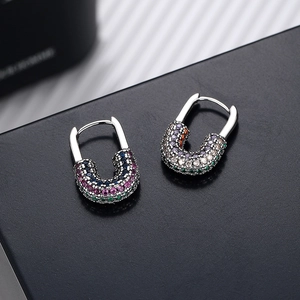 S925 silver lock-shaped earrings with colorful pave zircon stones in a U-style design