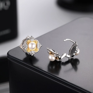 Elegant S925 silver pearl drop earrings with gold-toned vintage filigree and zircon accents