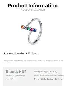Macro shot of S925 sterling silver open ring with five-color gemstones and size specs