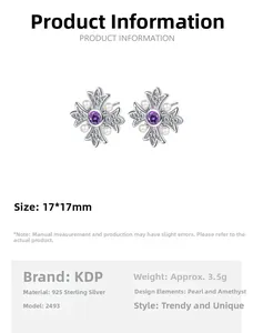 Macro detail of S925 silver cross earrings with purple amethyst and white pearls