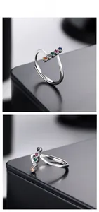 Detailed view of S925 silver open ring with five vibrant multi-color gemstones in claw setting