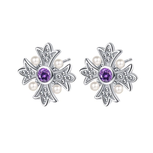Vintage S925 silver cross earrings with purple zircon and white pearls in regal style