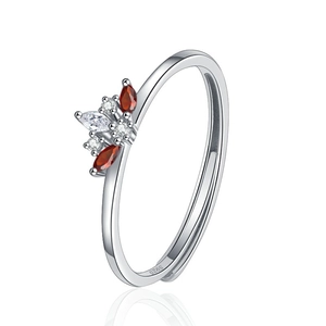Exquisite S925 sterling silver flower cluster ring with red marquise gemstones and crystals