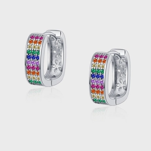 Boucles d'Oreilles Créoles Arc-en-Ciel en Argent Sterling 925 pour Femmes Design de Fleur Ajouré Zircone Multicolore Pavé