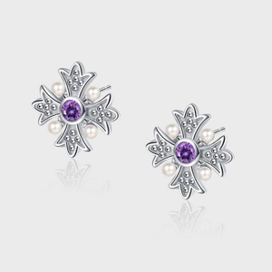 Vintage Palace S925 Sterling Silver Purple Zircon Artificial Pearl Cross Flower Stud Earrings For Women Elegant Silver Jewelry