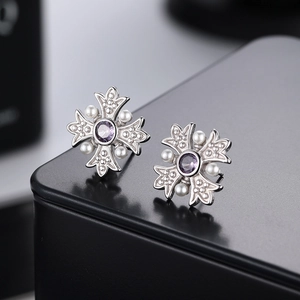 Vintage S925 silver cross stud earrings with purple zircon and white pearls