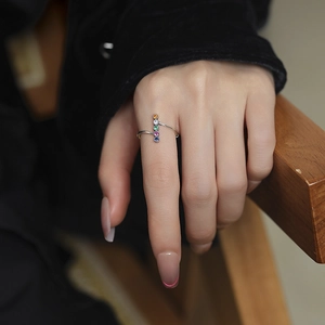 S925 sterling silver open ring with five multi-colored round cubic zirconia stones