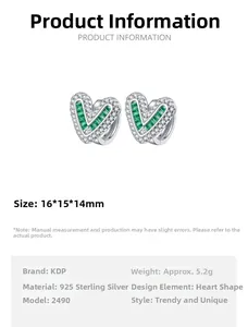 Detailed size specifications for S925 sterling silver heart earrings with green zircon