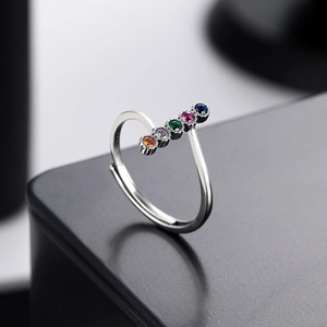 S925 sterling silver open ring featuring five colorful gemstones in a row
