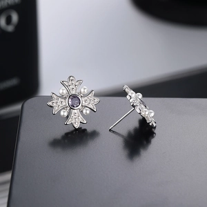 Vintage S925 silver cross stud earrings with purple zircon and white pearls