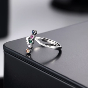 S925 sterling silver open ring featuring five colorful vertical gemstones in 45-degree view