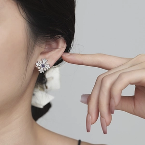 Vintage S925 silver stud earrings with purple zircon and pearls in court style