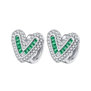 S925 silver heart huggie earrings with emerald green zircon and micro paved crystals