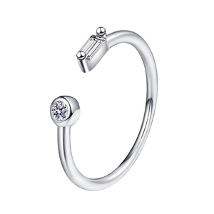Bague ouverte minimaliste en argent S925 avec zircons géométriques ronds et baguettes