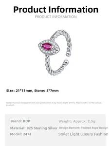 Macro shot of S925 sterling silver twisted ring with marquise pink stone and size details