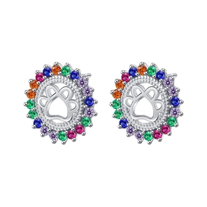 S925 sterling silver colorful zircon paw print stud earrings with rainbow circular design