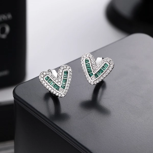 S925 sterling silver heart earrings with green emerald zircon and white diamonds
