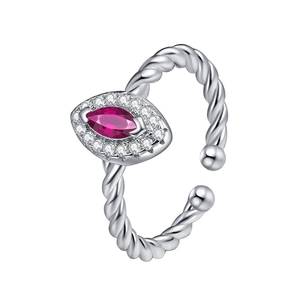 S925 sterling silver twisted ring with marquise ruby gemstone and crystal halo