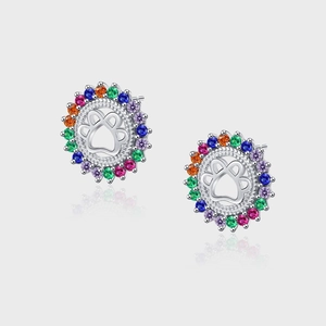 925 Sterling Silver Rainbow Rhinestone Paw Print Stud Earrings Fashion Cute Animal Design Women Jewelry Decorative Gift