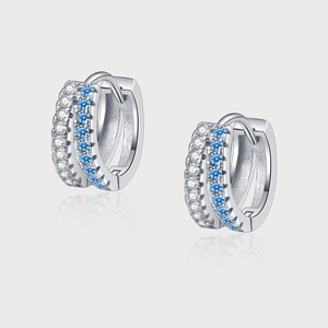 Boucles d'Oreilles Créoles à Double Rangée en Argent Sterling 925 pour Femmes Strass Bleu Blanc Incrusté Bijoux Élégants