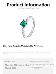 Detailed product specifications for the S925 sterling silver square emerald ring with sizes