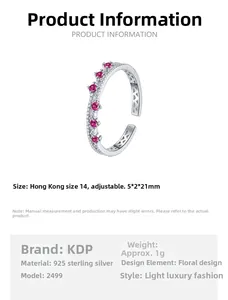 Detailed view of S925 sterling silver ring featuring red zircon stones and floral hollow design