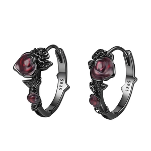 Boucles d'oreilles créoles S925 argent avec roses rouges et épines noires en relief