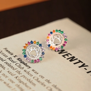 S925 sterling silver cat paw stud earrings with colorful gradient zircon halo