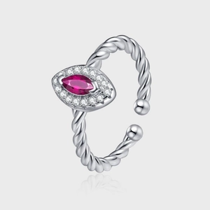 925 Sterling Silver Twisted Rope Open Ring For Women Marquise Red Rhinestone Inlaid Adjustable Vintage Fashion Finger Jewelry