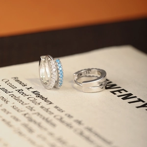 Boucles d'oreilles double rang en argent S925 avec zircons bleus et blancs