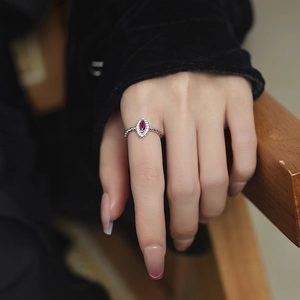 Vintage S925 silver twisted ring with marquise ruby gemstone and pavé diamonds