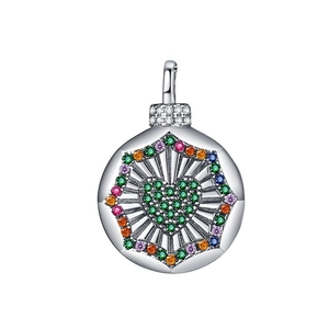 Pendentif rond vintage en argent S925 avec zircons colorés et motif de cœur
