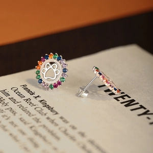 Rainbow cubic zirconia S925 sterling silver stud earrings with hollow pet paw print