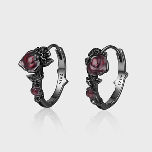Boucles d'Oreilles Créoles en Argent Sterling 925 Gothique Rose Rouge Noir Électroplaqué Relief Fleur Bijoux Vintage Femme