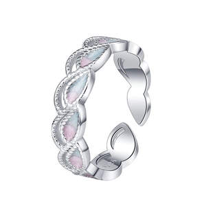 S925 sterling silver peacock ring with pink and blue gradient enamel floral leaf design