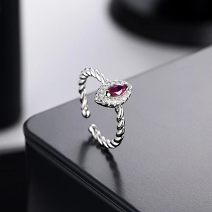 S925 sterling silver twisted ring with marquise-cut pigeon blood ruby and pavé accents